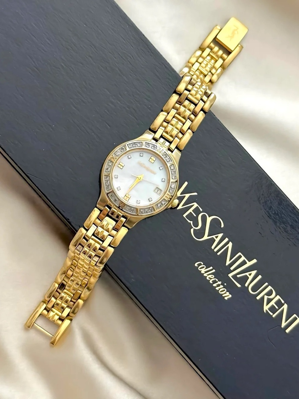 AUTHENTIC VINTAGE YVES SAINT LAURENT GOLD WATCH - MOTHER-OF-PEARL DIAL